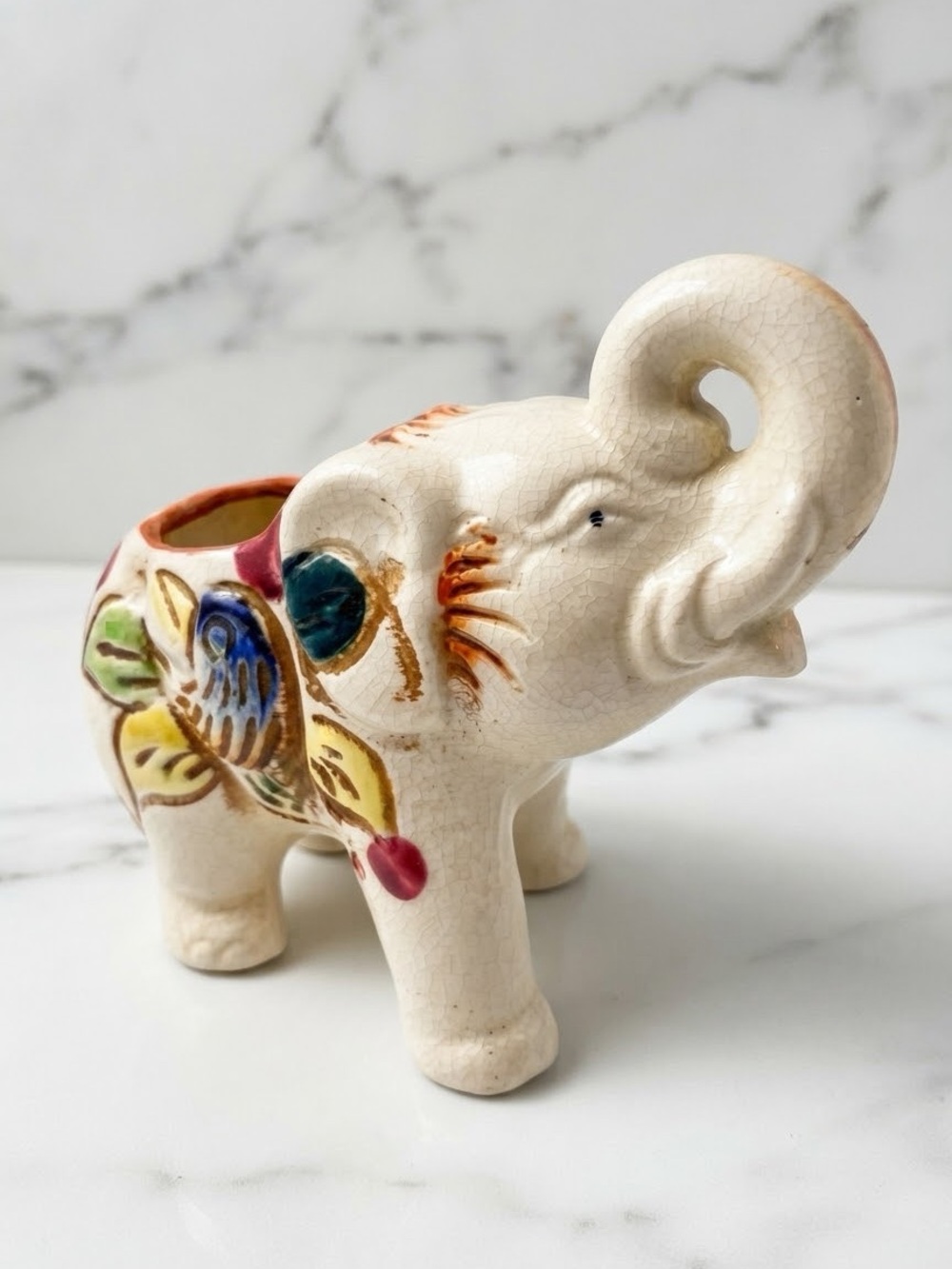 Adorable Vintage Hand Painted Ceramic Elephant Planter Pot Crackle Glaze